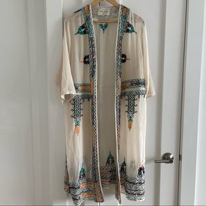 Sheer white/cream Tribal print and beaded maxi cardigan or swimsuit cover up
